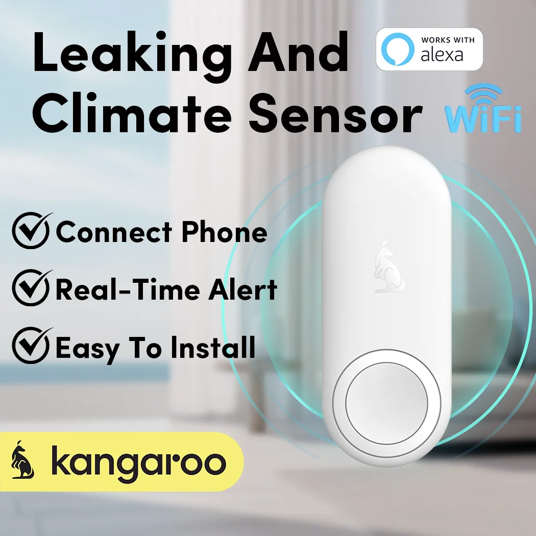 

Умная утечка + датчик климата, беспроводная сигнализация WIFI домашней безопасности, удаленный мониторинг мобильного приложения, простота установки, питание от батареи