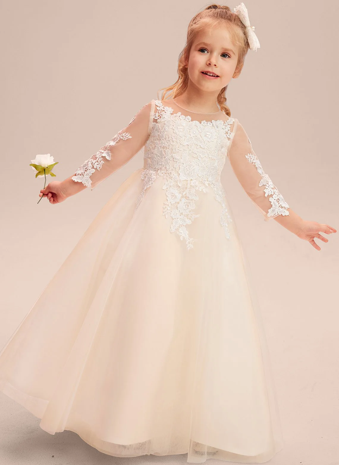 

A-line Dewspoon floor-length lace/tulle floral child dress Junior Bridesmaid dress Girl wedding birthday dress/customizable