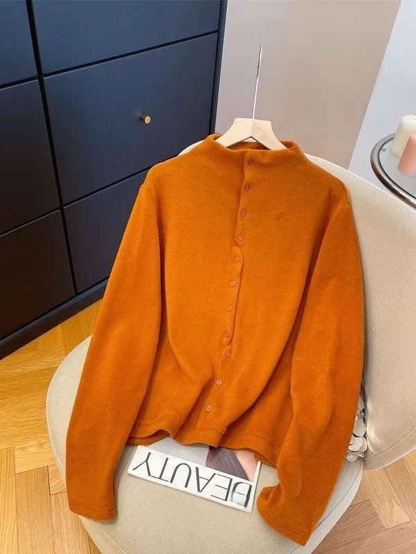 

Korean Style Long Sleeve Fleece Lined Stand Collar Slimming T-Shirt Women's Autumn Winter Base Layer Shirt Super Cute