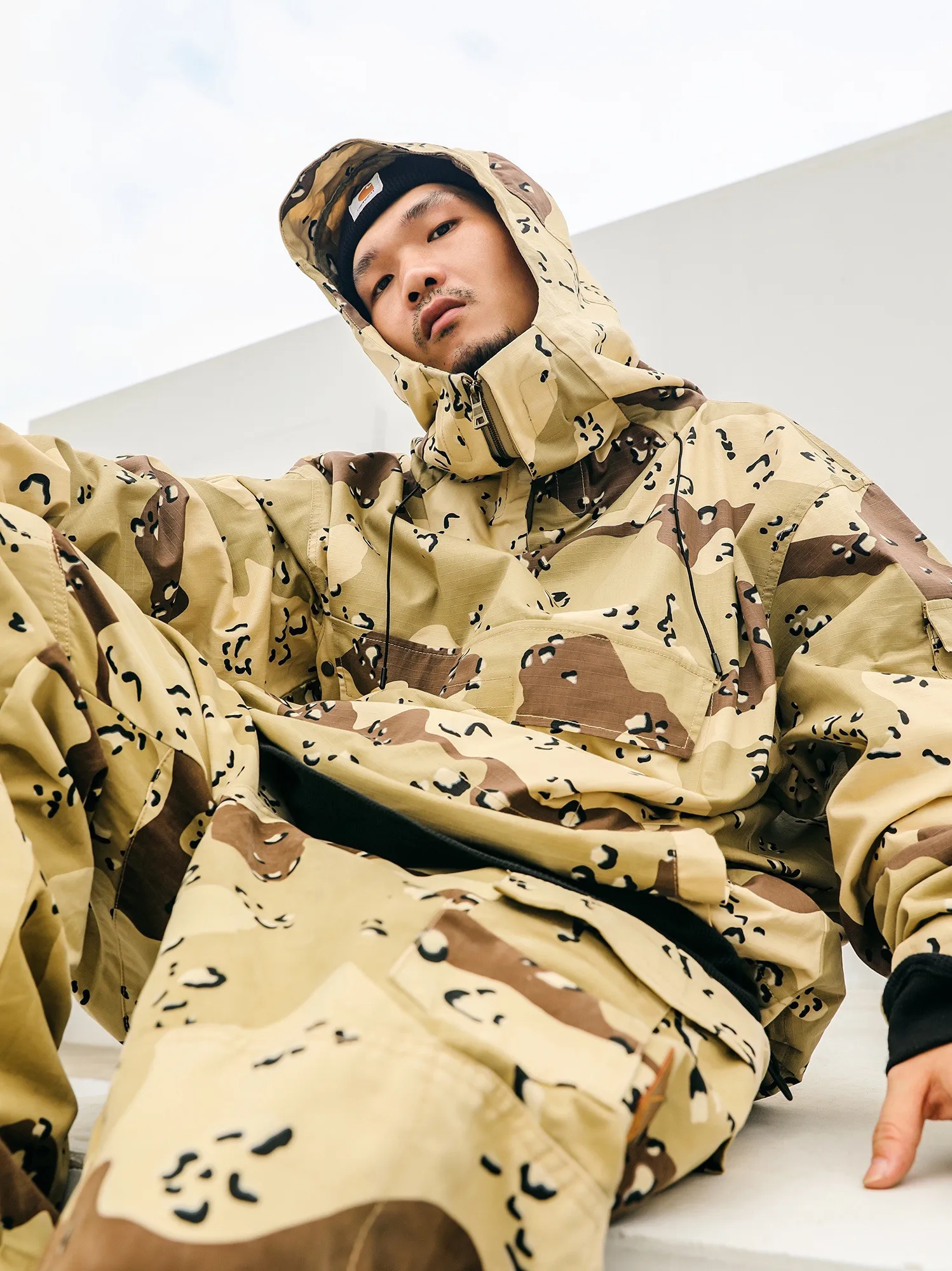 ACUSA Devil Fish Loose Hoodie Jacket Desert Camouflage East Coast Half Zipper Warm Cotton Polyester Blend Men's Winter Coat