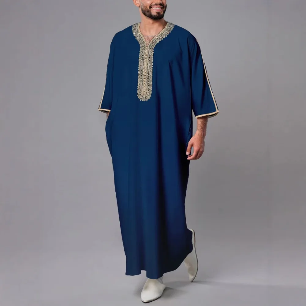 

Moroccan Embroidery Middle Eastern Muslim Robe Men's Long Side Pocket Sleeve Robe for Daily Occasion Wearing Side Pocket