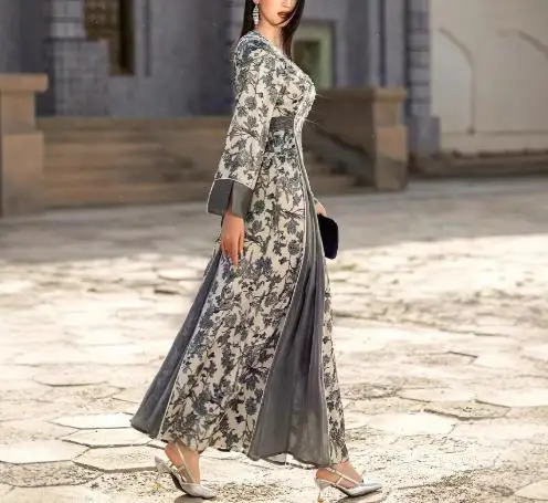 

2025 Autumn/winter New Women's Fashion Elegant V-Neck Long Sleeve Casual Waist Printed Large Swing Long Skirt Women's Wear