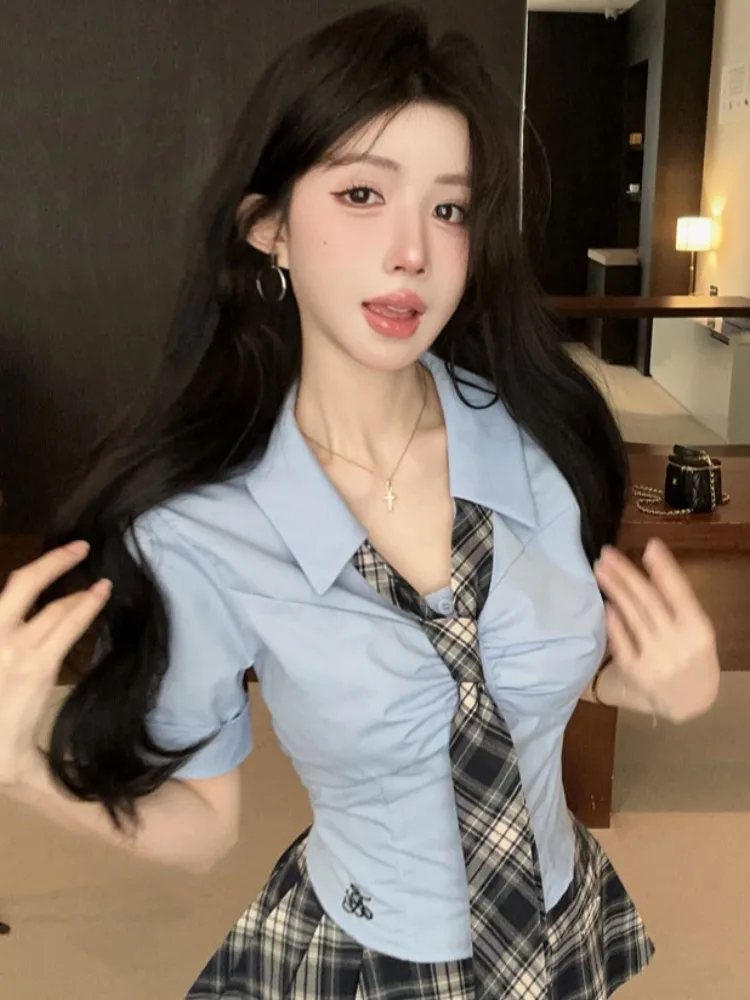 

Slimming Short Sleeve Embroidered Shirt A-Line Plaid Skirt Set College Style Casual Summer Fashion plus Size Women's Outfit