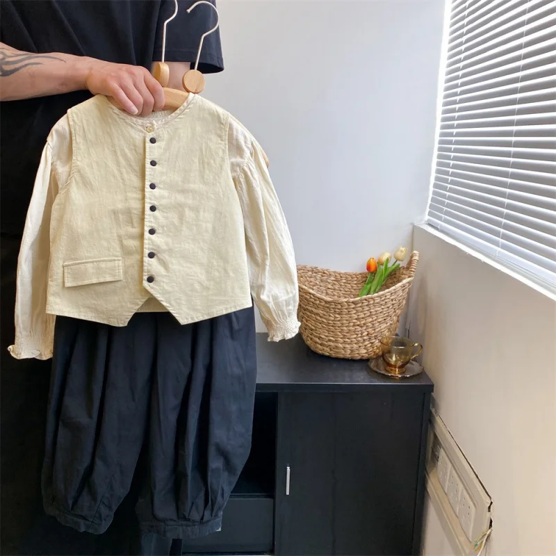 

2025Autumn New Style Girls' Fashionable Vest Set with Elegant Puff Sleeve Shirt and Lantern Long Pants
