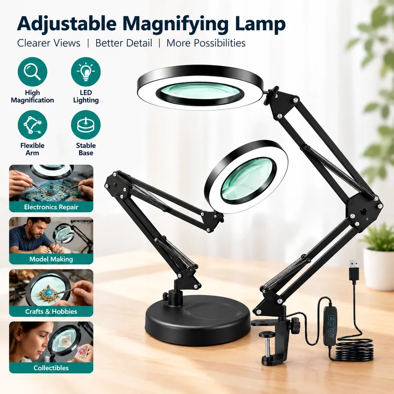 Magnifying Lamp LED 10X Dimmable Adjustable Swing Arm Desk Light with Clamp for Repair, Nail Art, Lash, Reading and Study Bench