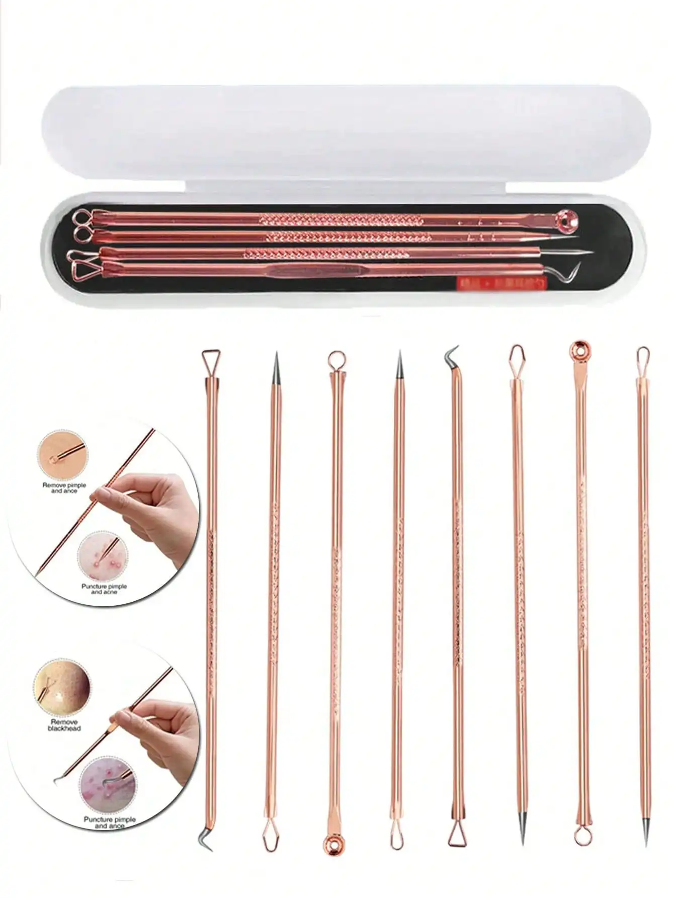 Estrattore per la rimozione di punti neri da 4 pezzi/set, kit di pinzette curve, kit di strumenti professionali per la rimozione dell'acne in acciaio inossidabile