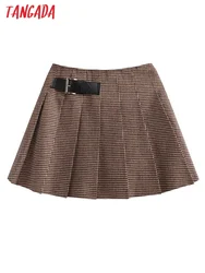 Tangada 2023 Chich Women Plaid Pleated Short Skirt with Belt Zipper A-line Skirt QJ91