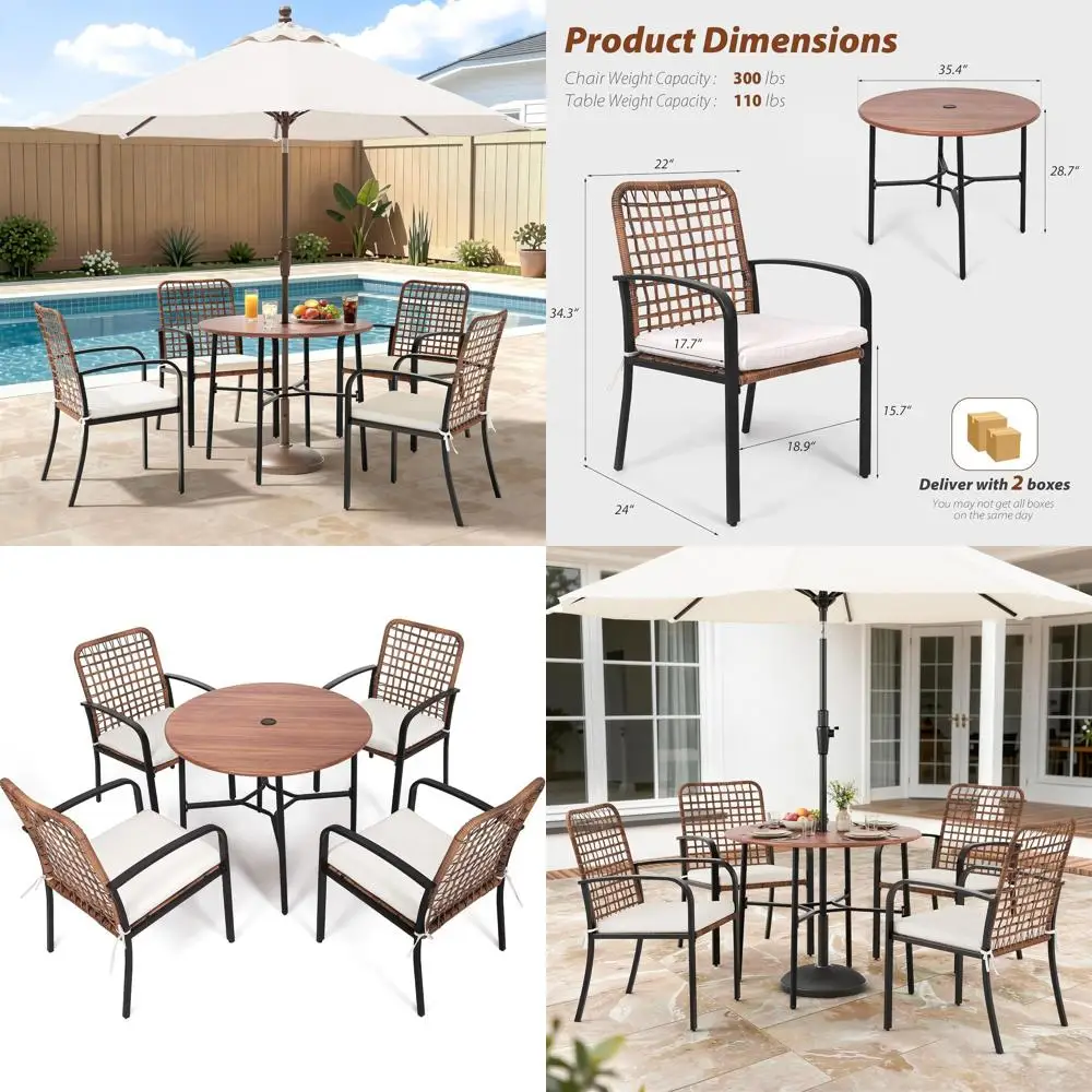 

5 Pieces Patio Dining Set, Outdoor Dining Set with Handwoven Wicker Chairs & Wood Grain Table, Patio Table and Chairs Set with C