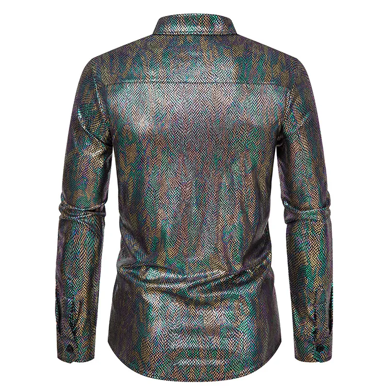 Luxury and Fashionable Men\'s Sequin Metal Dress 2024 New Long Sleeved 70\'s Disco Party Shirt Stage Performance Men\'s Shirt