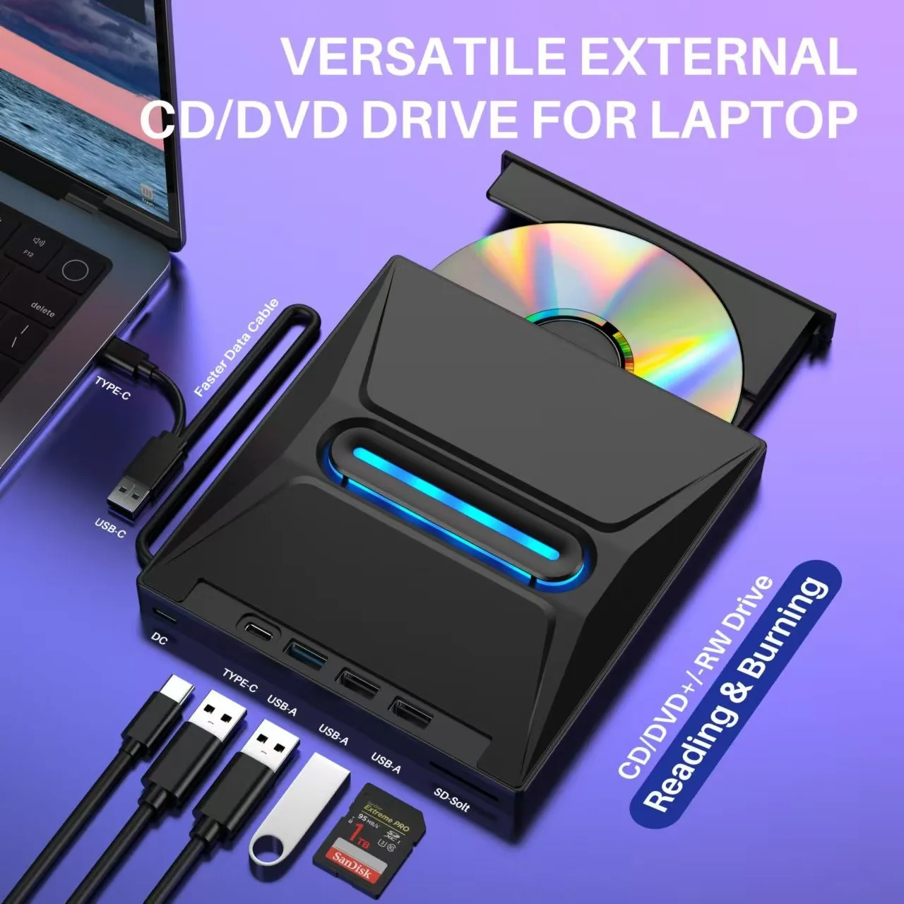 

2026 External Blu Ray Burner, CD DVD Burner, DVD+/-RW Drive SD Card Reader, CD ROM Burner, DVD Player Hub-Co for Laptop Desktop