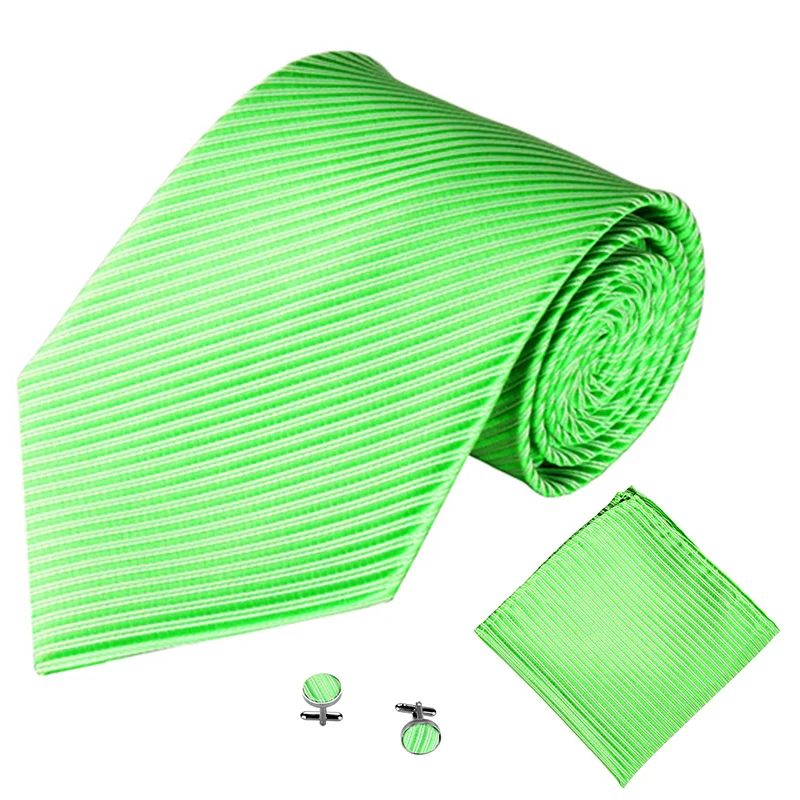 Mode Stropdas Set Voor Mannen 10Cm 4 Inch Bruiloft Accessoires Effen Gestreept Zwart Rood Groen Manchetknopen Zakdoek Stropdas Sets