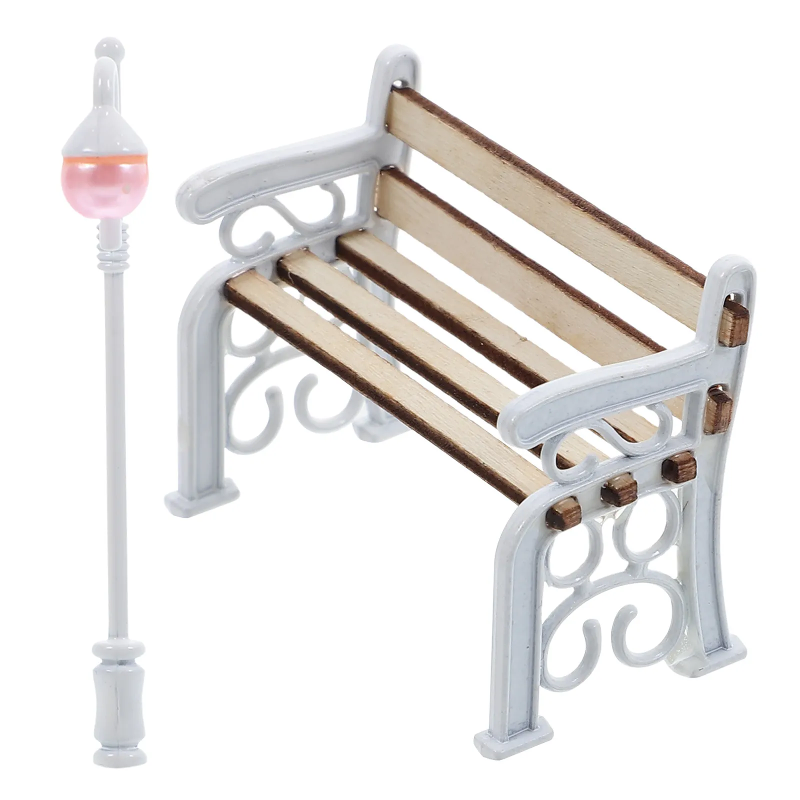 

1Set Bench Street Lamp Micro Landscape Decoration Miniature Bench Seat Outdoor Garden Lamp Post Lights for Dollhouse