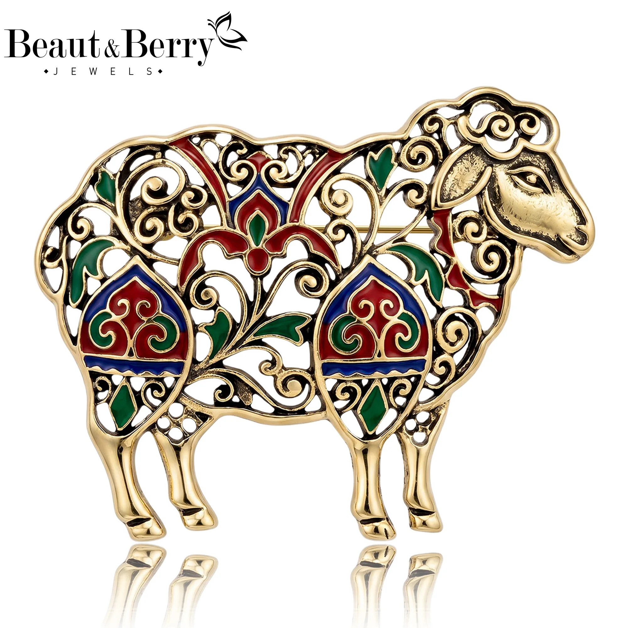 Beaut&Berry Vintage Openwork Metal Sheep Brooches for Women Unisex Animal Pins Casual Party Jewelry Accessories Gifts Decoration