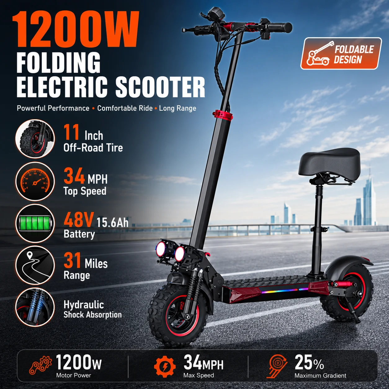 1200W Offroad Electric Scooter for Adults with Seat, 45-60KM/H Fast Speed E Scooter, 30-50KM Long Range Commuter Electric Kick Scooter, Dual Suspension, Off Road Tires, Disc Brakes, Folding Electric Scooter for Adults, US CA AU UK EU Warehouse Stock view 3