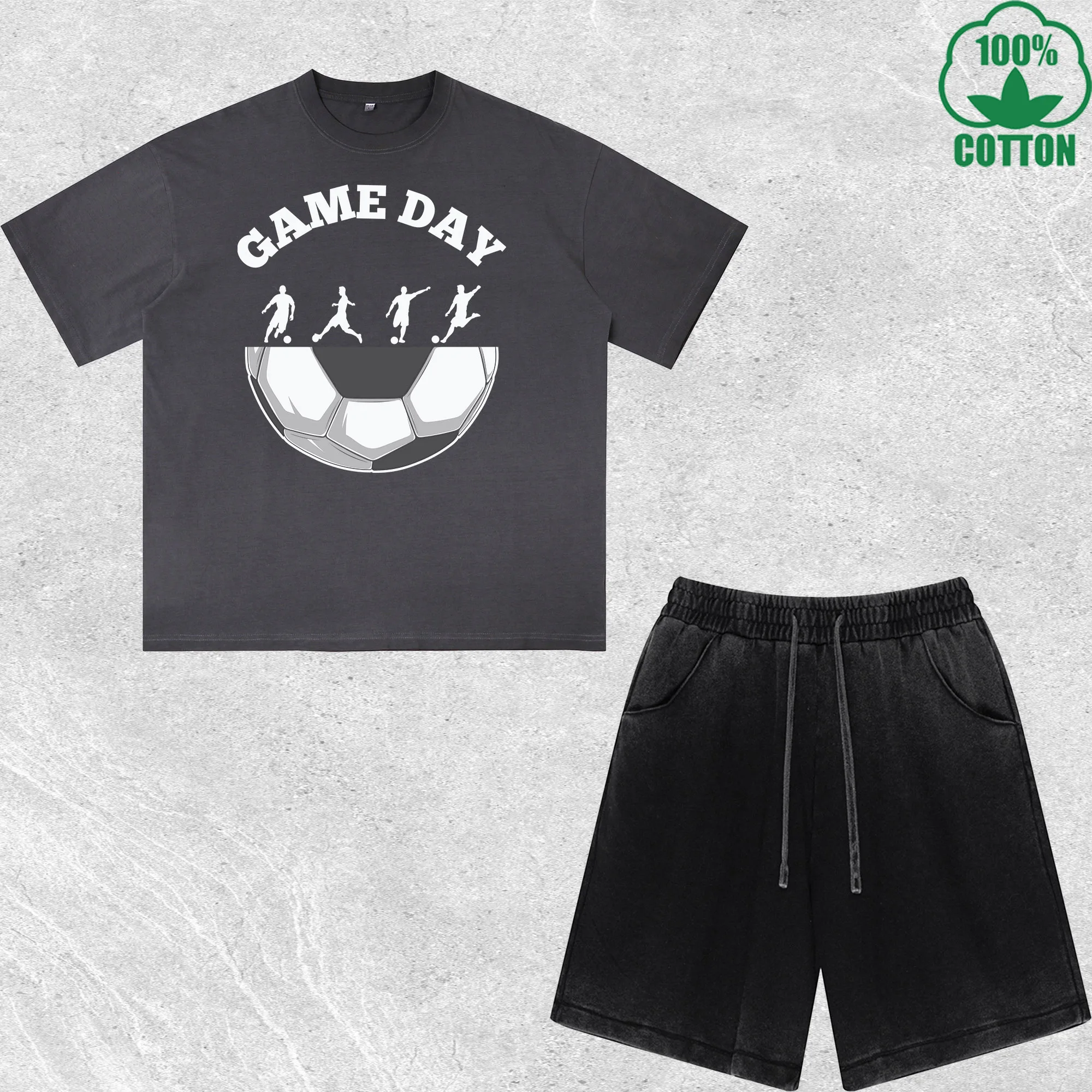 

Soccer Game Day Printed Dirty Wash T-Shirt Shorts Set Combo Loose Trendy Fashionable 100%Cotton Black Suit