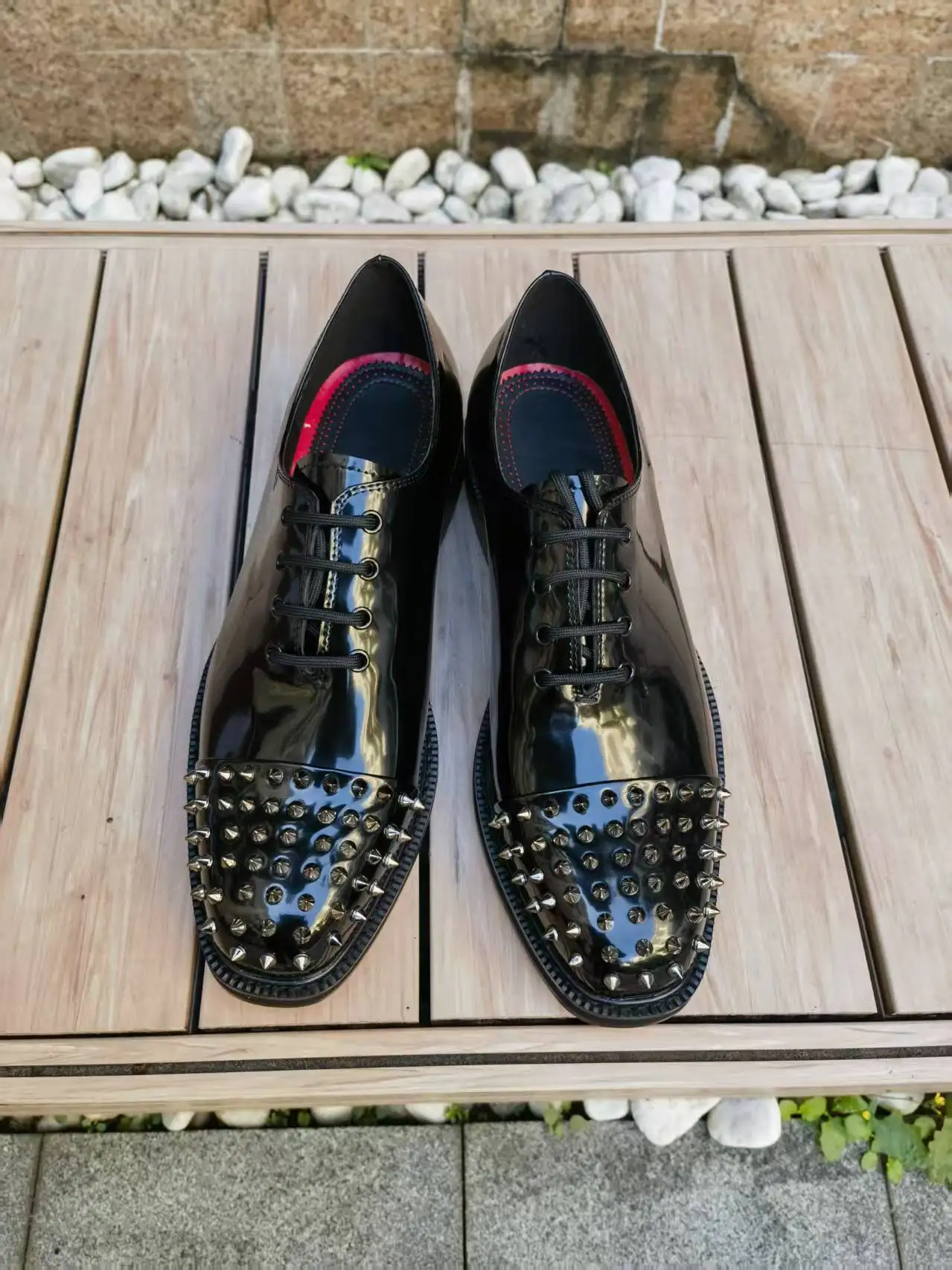 

Rivet Round Head Male Loafers Cover Heel Men Lace-up Shoes Fashion Black Office Flats Spring Dress Shoes