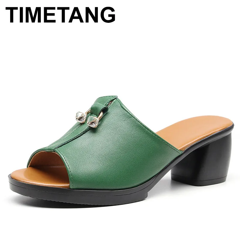 

Rhinediamonds High Heels Real Leather Slippers Large Size 41 42 Mother Summer Shoes Genuine Leather Women