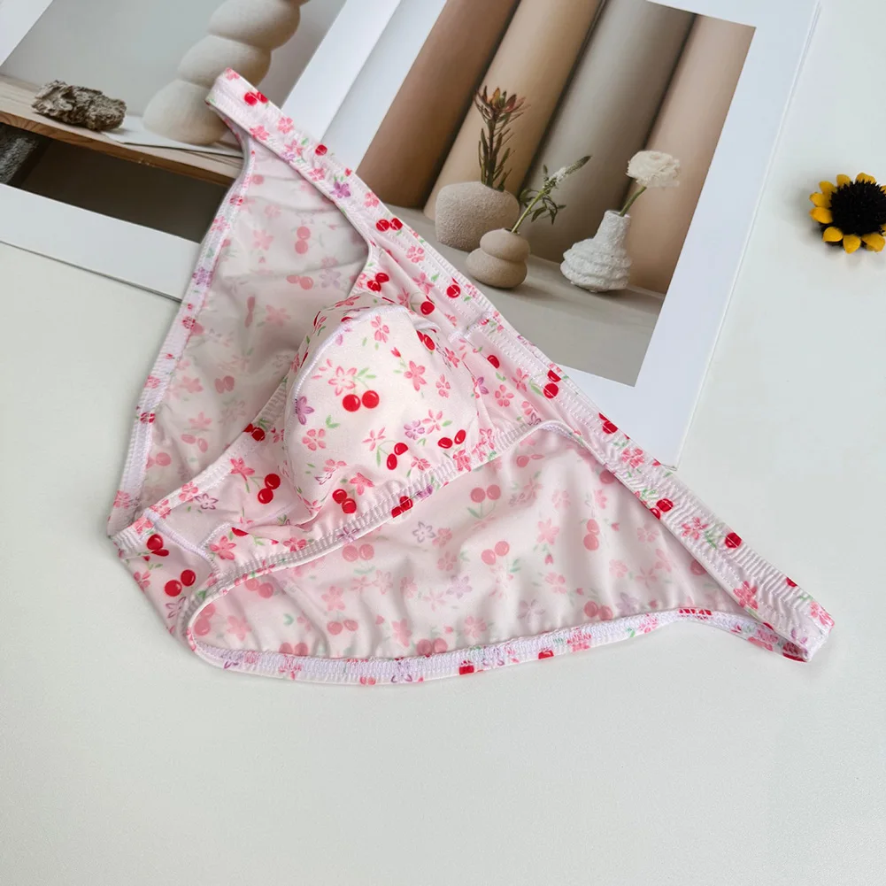 Men Sweet Print Briefs Thin Belt U Convex Pouch Underwear Sissy Erotic Lingerie Elastic Breathable Ice Silk Daily Underwear