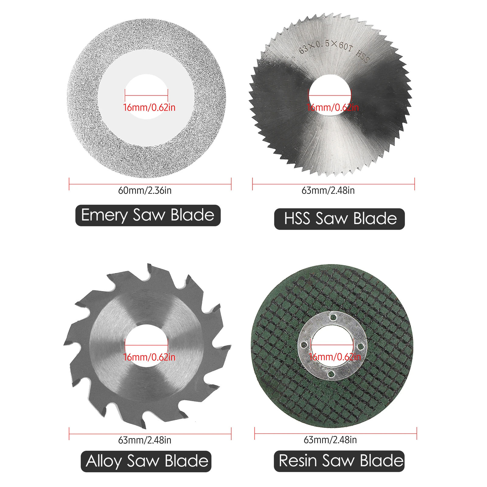 Chainsaw Blade Set 2.5 Inch 63mm Saw Blade Kit 4PCS with Resin, Diamond 60mm, HSS and TCT Blades for Mini Electric Saw Cutting