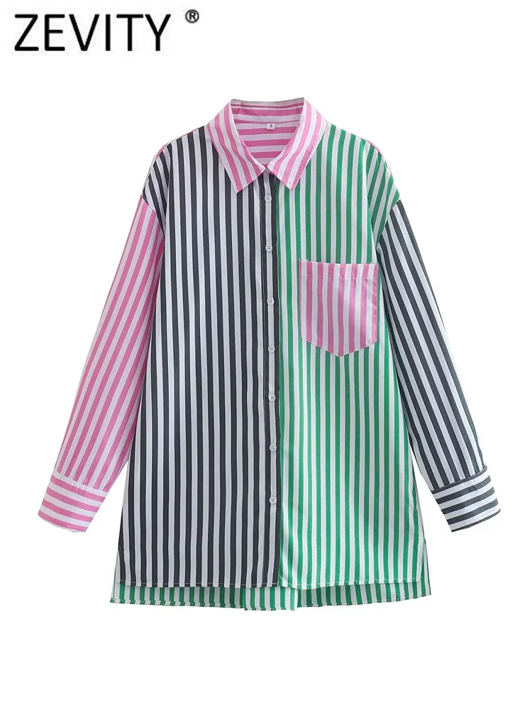 Zevity Women Fashion Color Matching Striped Print Smock Blouse Office Lady Breasted Shirt Business Chemise Blusas Tops LS1692