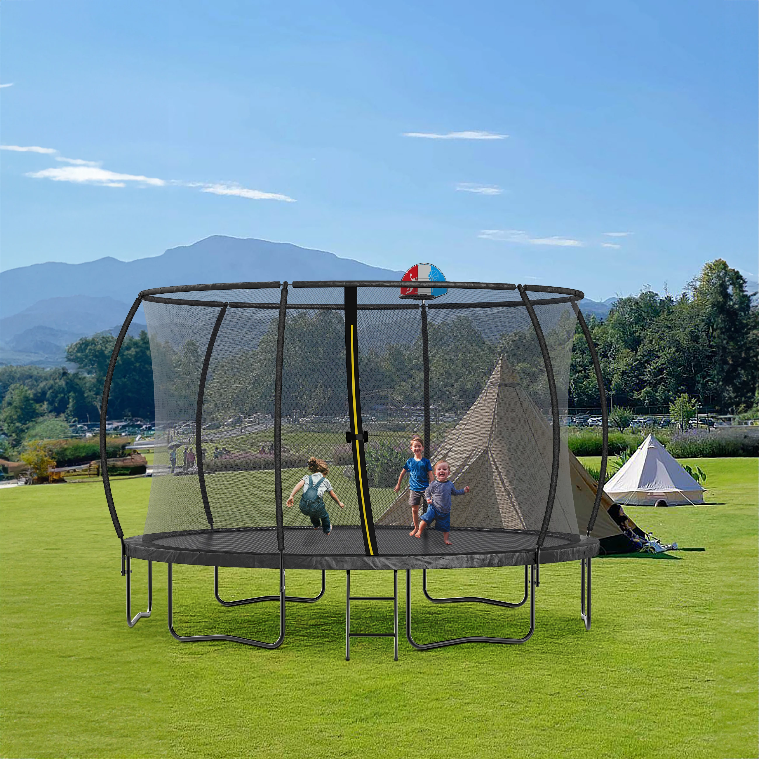 

14FT Trampoline with backboard , Outdoor Pumpkin Trampoline for Kids and Adults with Enclosure Net and Ladder