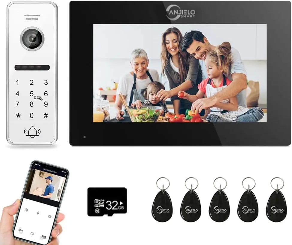 케이블이 포함된 비디오 초인종, 7인치 인터콤, 1080P 고화질 터치 스크린, 4-in-1 카메라, RFID 카드, WiFi