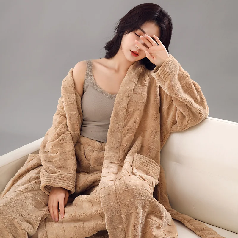 Thick Coral Fleece Pajamas Set with Pant Plush Winter Home Clothes Women Bathrobe Stand Collar Soft Velvet Ladies Home Sleepwear