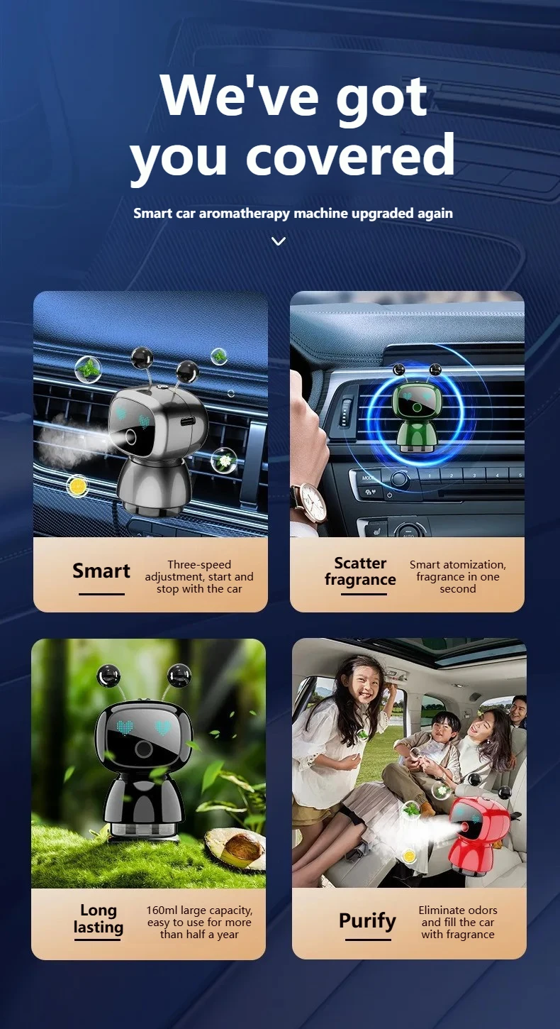 Cute Robot Smart Car Aroma Diffuser Car Air Outlet Fragrance Air Purifier Car Interior Decor Gift Electric Air Freshener