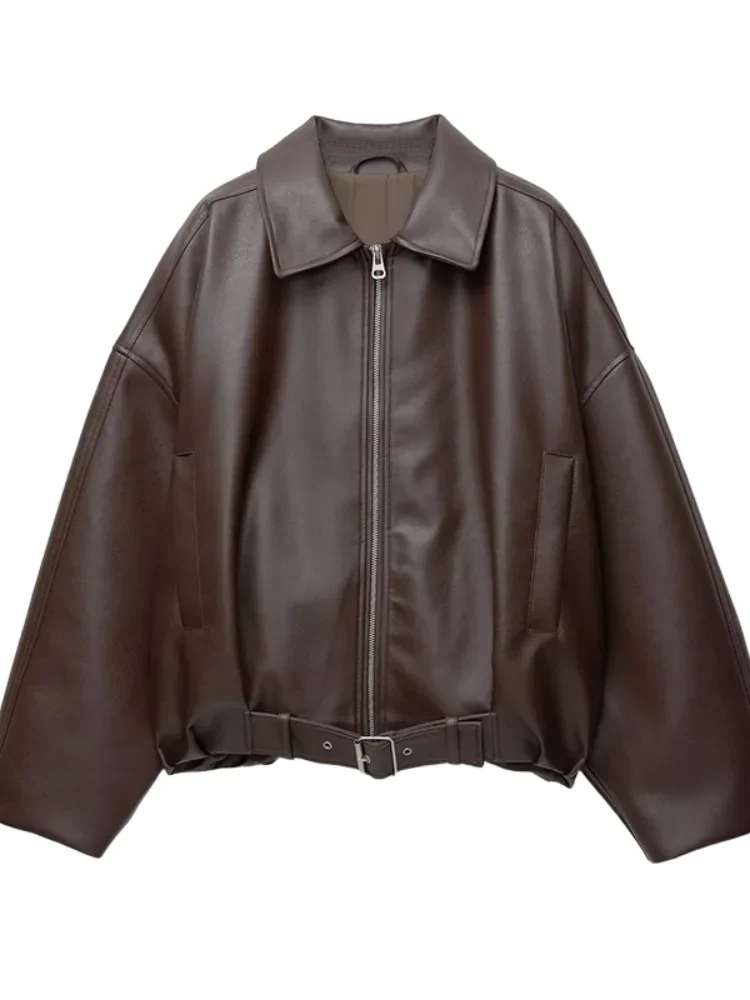 

Elegant Loose Jacket with Belt Women Lapel Loose Pockets All-match Jacket 2025 Autumn Leather Street Women Coat