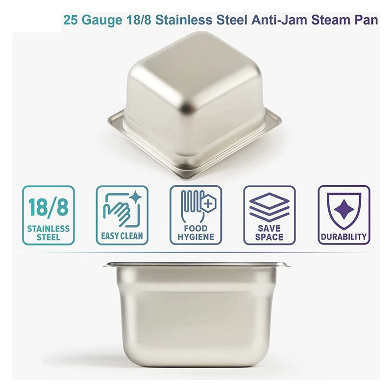 6 Pack Anti-Jam Slotted Hotel Pans With Lids, 1/6 Size 4 Inch Deep, Commercial 18/8 Stainless Steel Steam Table Food Pan