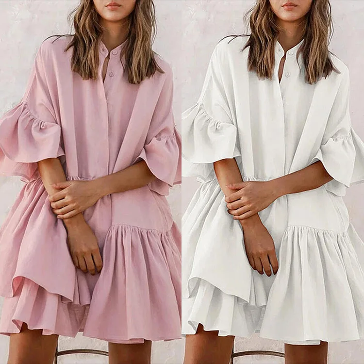 Elegant Pure Color Chiffon Loose Women's Dress Cleanfit Style H Version Polyester Fabric with Puffy Sleeves Short Sleeve