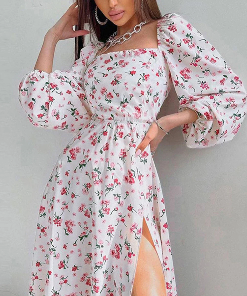 Autumn  European and American Women's Clothing Cross-border Temperament Elegant Printed Lantern Sleeve Split-ended Dress Women