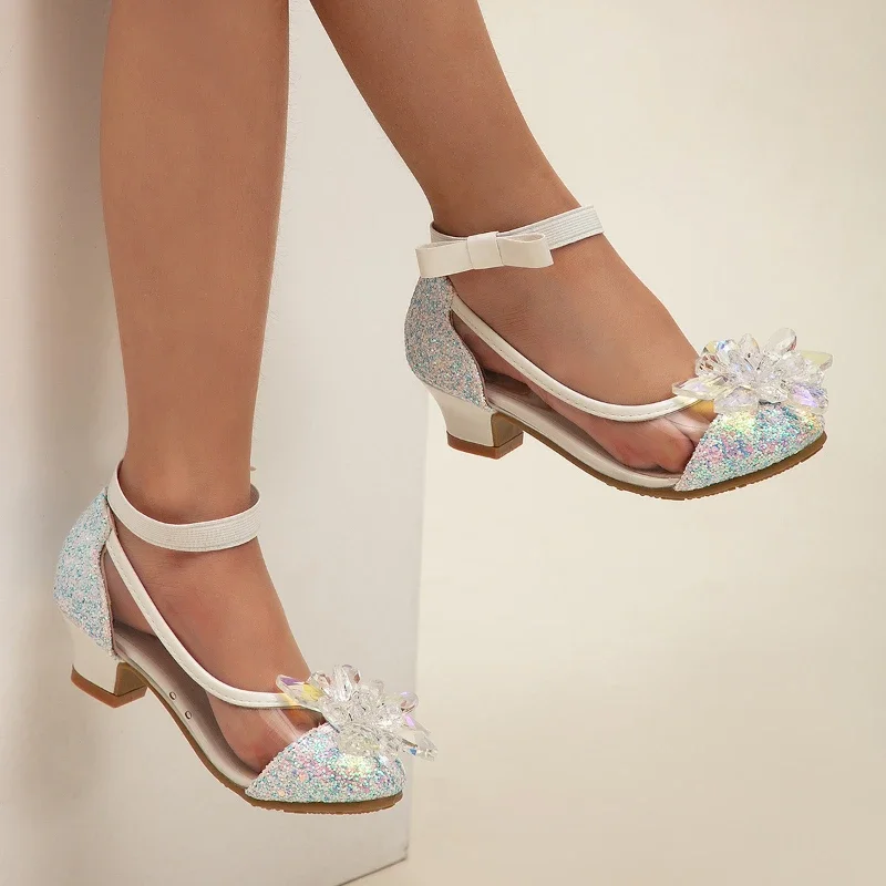2025 New Girl\'s High Heel Shoes Ankle-strap Bowknot Children Princess Shoes Fashion Sequins Kids Leather Shoes for Wedding Party