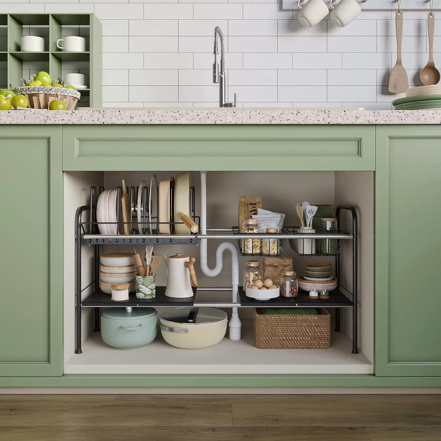 

Adjustable Under Sink Organizer with Pan Rack and 7 Dividers for Kitchen Cabinet Storage