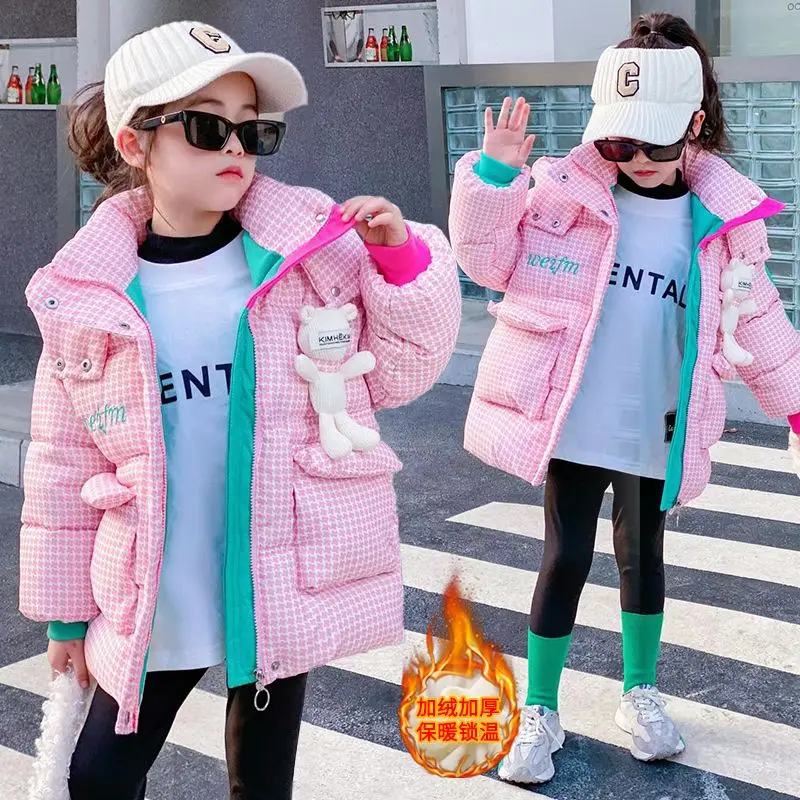 

Winter Keep Warm Princess Girls Jacket Grid Design Padded Lining With Velvet Hooded Heavy Coat For Kids Sent Bear Doll