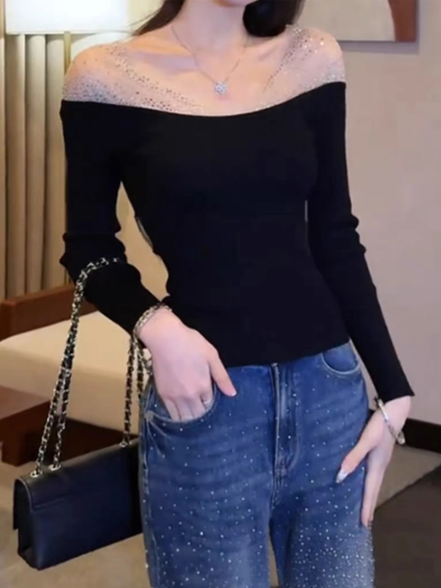 

Sexy Heavy Duty Rhinestone One Shoulder Knitted Sweater Women's Slim Fit Autumn Winter Black Inner Wear Top Glittery Long Sleeve