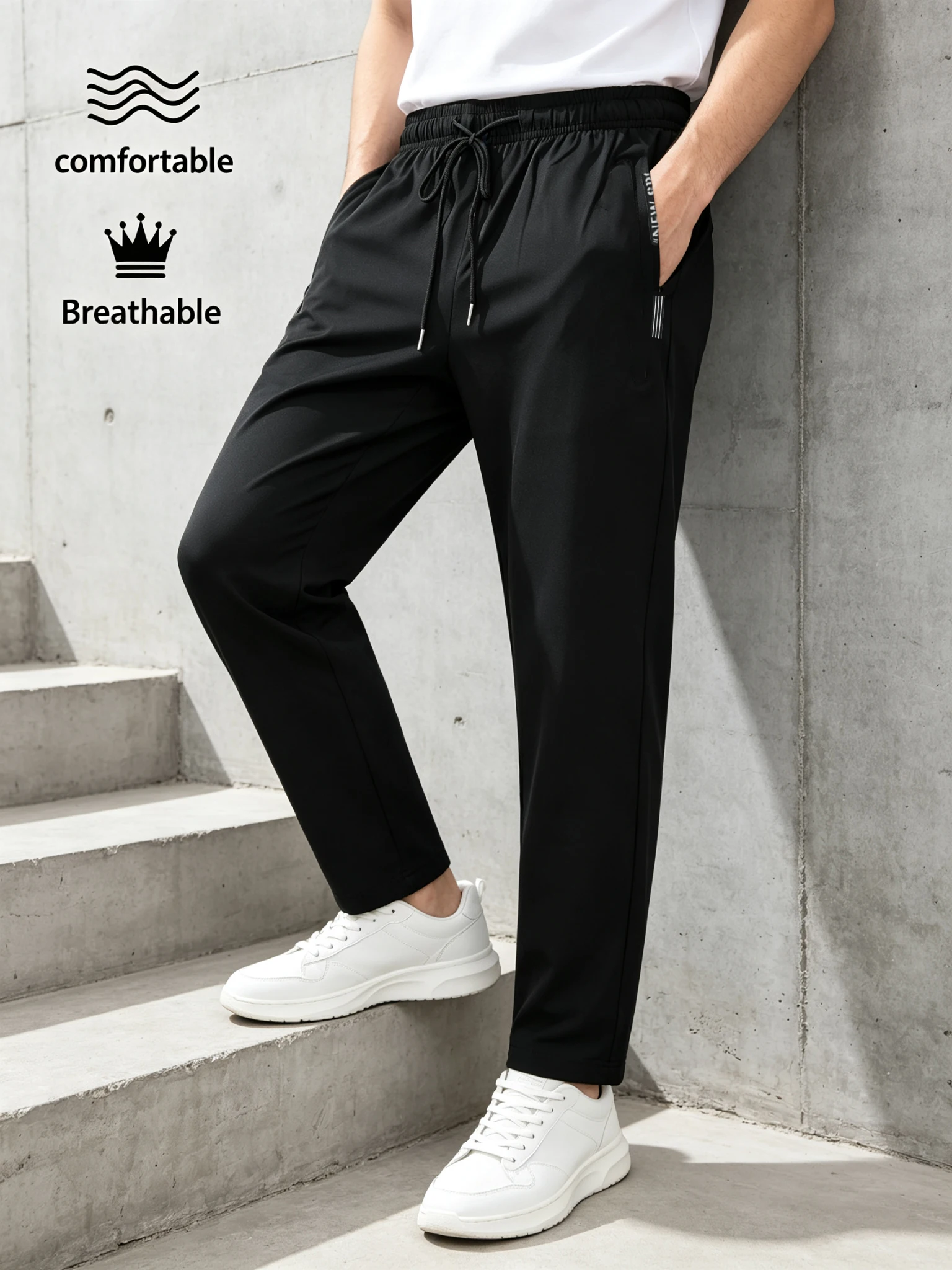 Men Quick Dry Sports Pants 4 Way Stretch Elastic Waist Drawstring Trousers Zipper Pocket Golf Casual Workout Pants