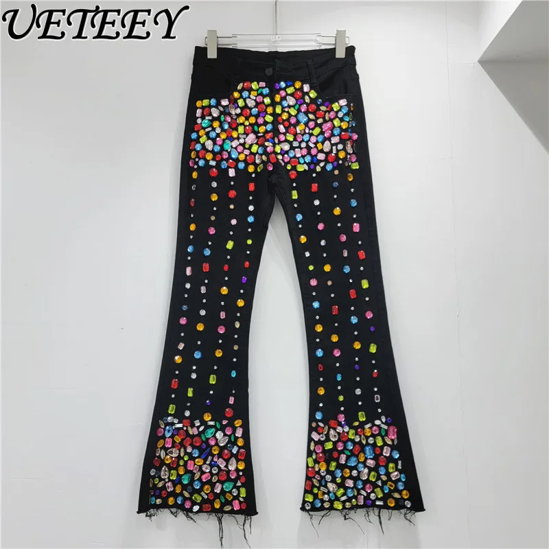 

European Station Autumn New Heavy Diamond Studded Hand Beaded Denim Pants High Waist Slimming Stretch Skinny Jeans for Women