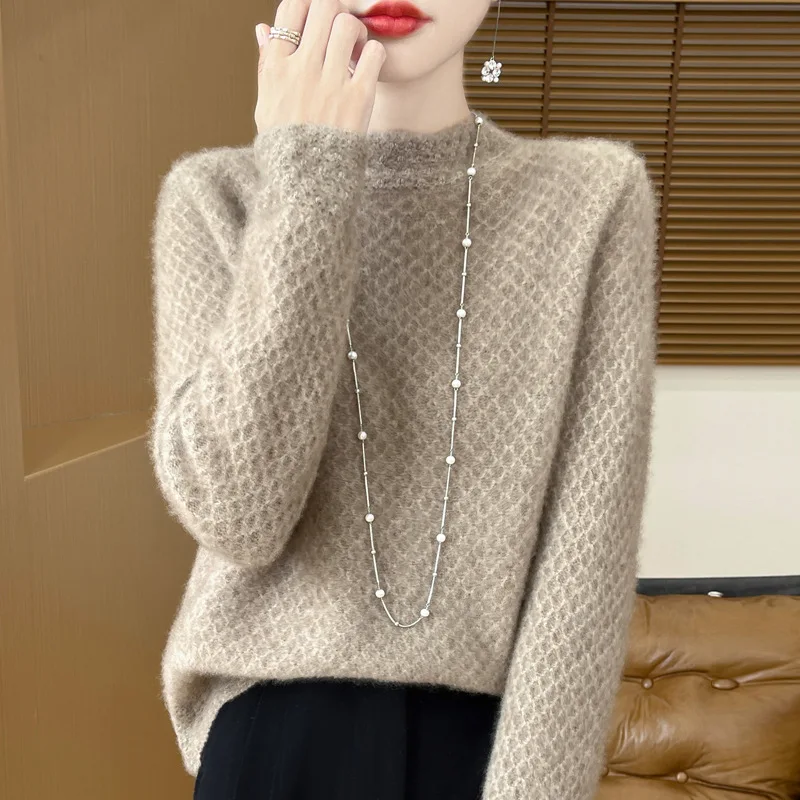 가을 겨울 세미 터틀넥 100% 울 스웨터 여성용 두꺼운 허니콤 자카드 솔리드 루즈 다용도 패션 니트 스웨터