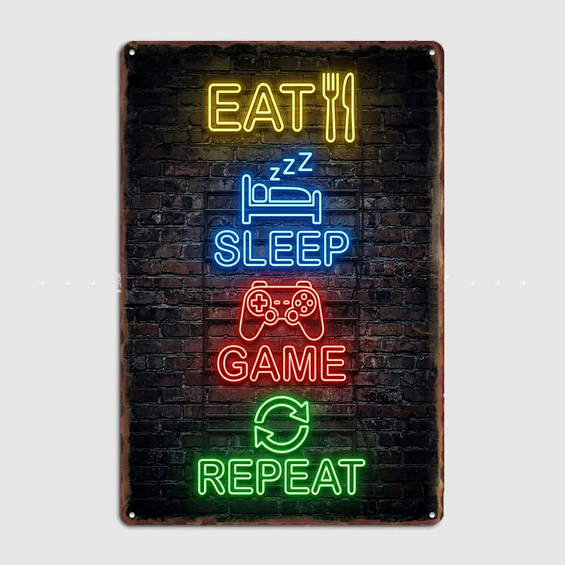 Eat Sleep Game Repeat Neon Sign Poster Metal Sign Custom Bedroom Room Decoration Home Decor Posters Indoor Wall Decoration