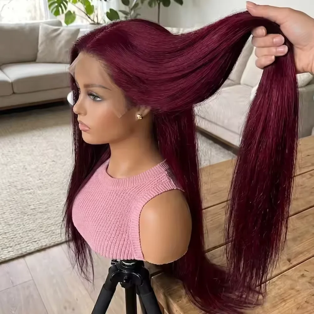 99J Burgundy Red Straight Lace Front Wigs Human Hair 13X4 Transparent Lace Frontal Wigs Glueless Pre Plucked With Baby Hair Wigs For Black Women Ready To Wear