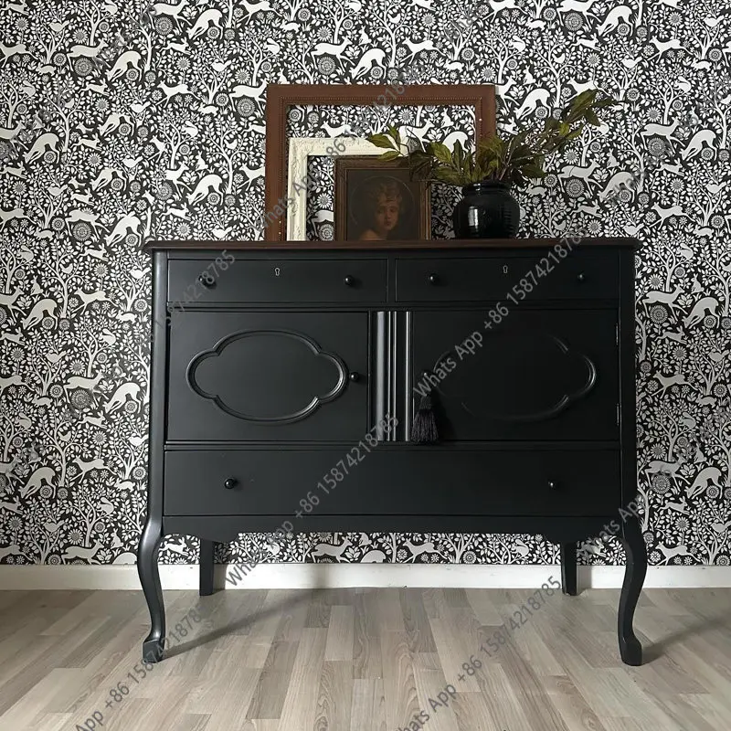 

Французский ретро-шкаф для прихожей черного цвета, американский средневековый высококачественный шкаф-бакет из массива дерева, декоративный приставной шкаф для столовой.