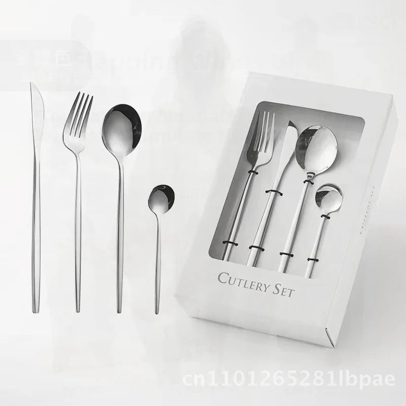 

24-Piece Stainless Steel Tableware Set - Portuguese Western Steak Knife Fork Spoon Modern Minimalist Gift Box Set in Silver Gold