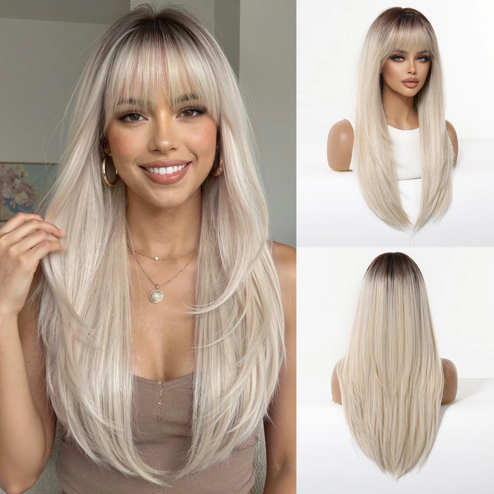 Women's Dark Brown Long Straight Synthetic Wig with Bangs