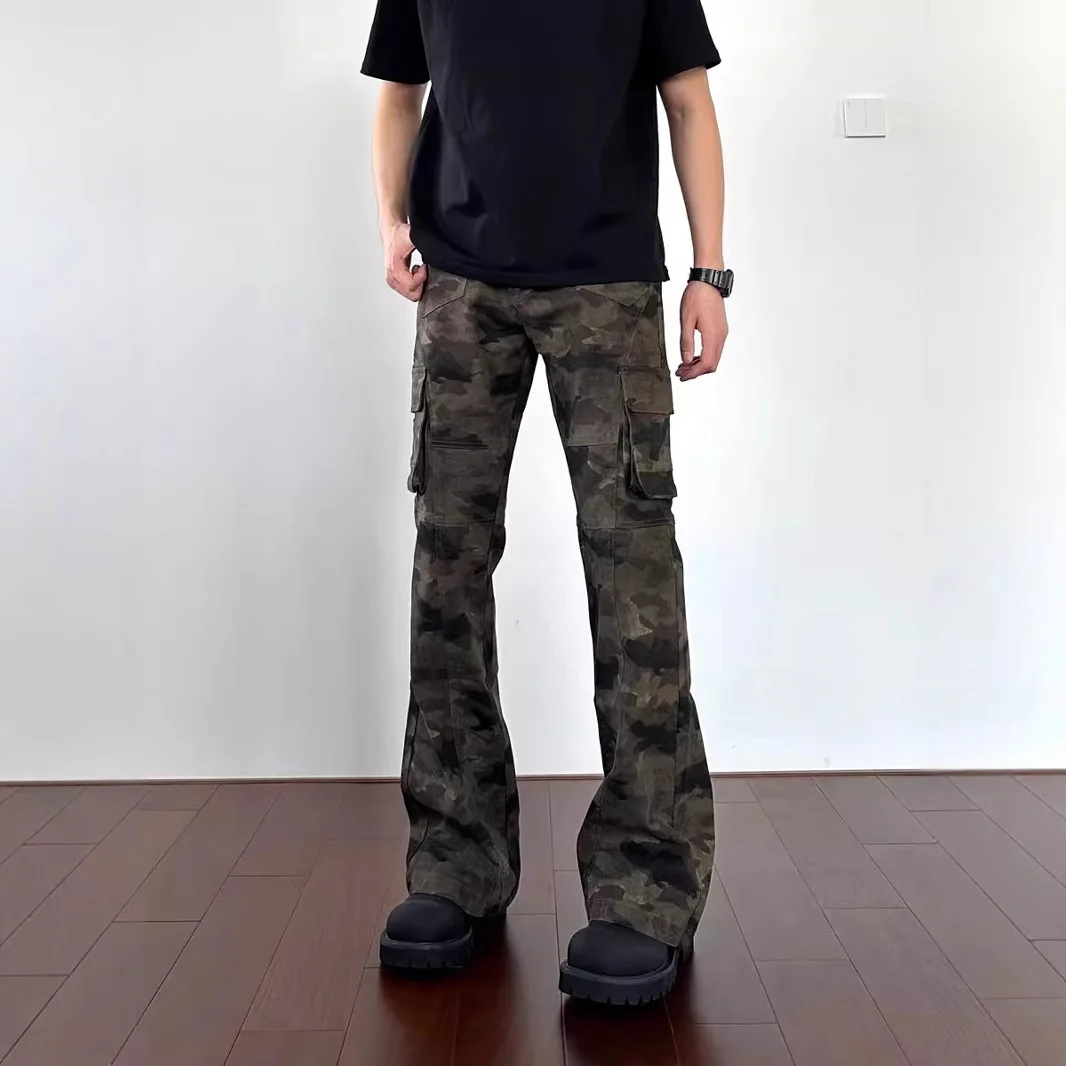 กางเกงยีนส์ย้อนยุคอเมริกันสำหรับผู้ชายและผู้หญิงฤดูร้อนกางเกงทำงานอเมริกันกางเกงขาตรงยาวพิเศษกางเกงบานเล็กน้อย