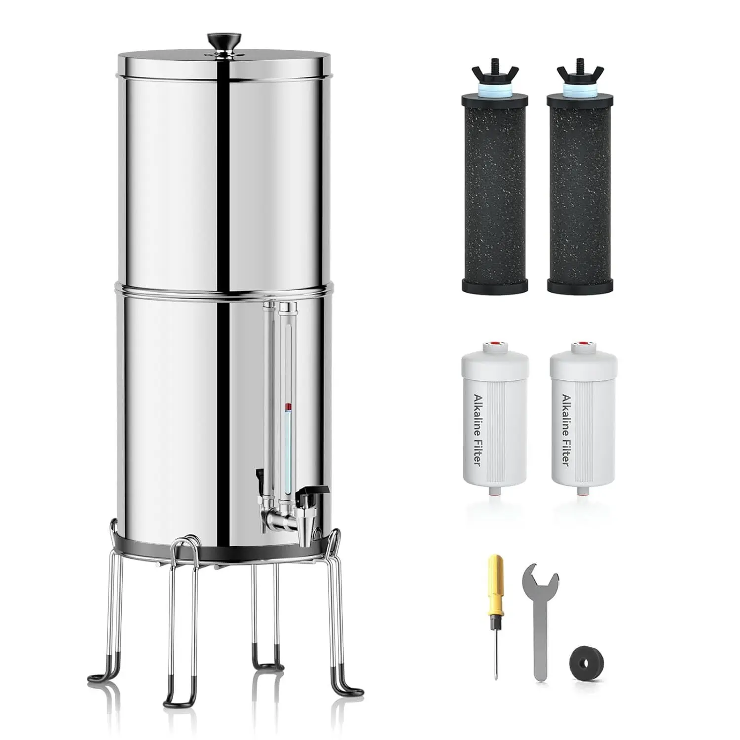 Ultra-Filtration Alkaline Water Filter System with 4 Filters, Metal Water Level Spigot and Stand