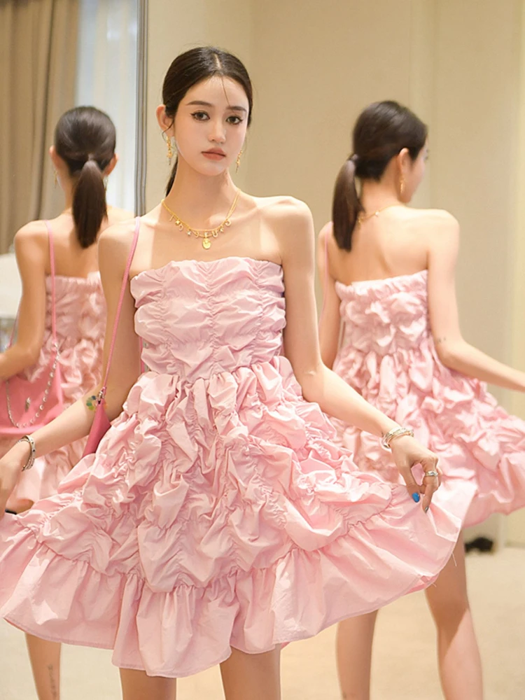 French Style Sweet Pink Strapless Dress Women's Summer New Texture Ruffled Slim-Fit A-Line Pontoon Skirt Banquet Party Clothing