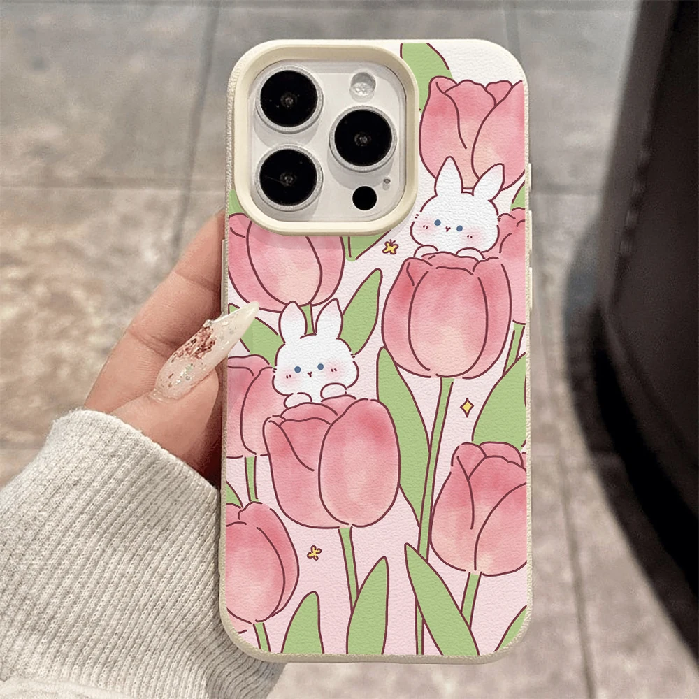 Rosa Tulpe Weißer Hase Handyhülle für iPhone 17 16 15 14 13 12 Pro Max 16 15 14 Plus 17 16 15 14 Pro 17Air Silikon Matte Hülle – Detail 2