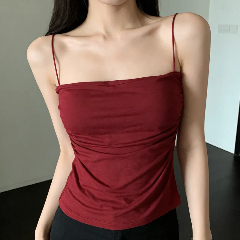 Women Sleeveless Waist Pleated Slim Fit Vest Spaghetti Strap Crop Top With Bra Y2K Sexy Tank Tops Soft Support Fixed Chest Pads