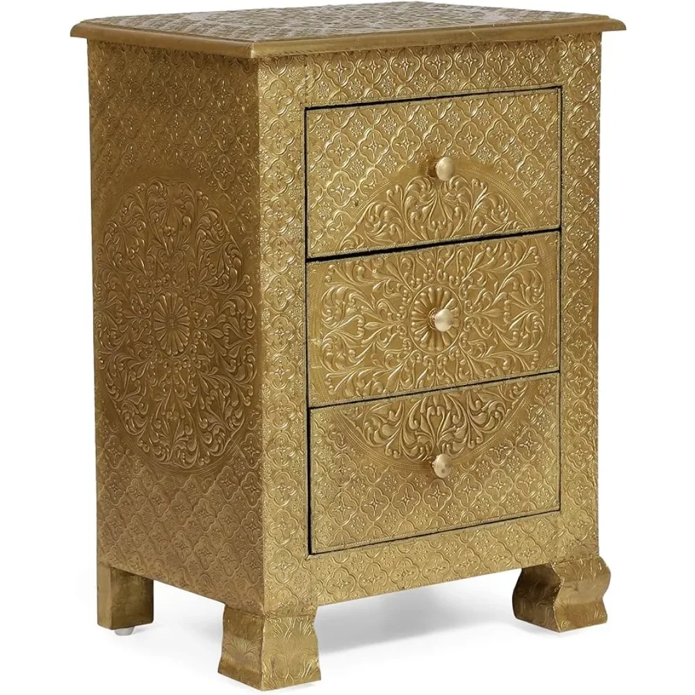 Upson Handcrafted Boho 3 Drawer Nightstand, Gold